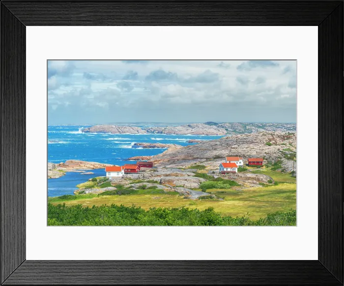 Framed Print : Wooden cottages on rocky granite rocks along the Bohuslan coast, Vastra Gotaland, Sweden Framed Print : Wooden cottages on rocky granite rocks along the Bohuslan coast, Vastra Gotaland, Sweden