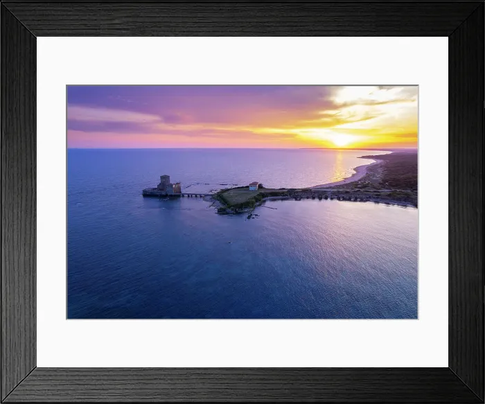 Framed Print : Sunset aerial view of the castle of Torre Astura, Nettuno municipality, Rome province, Latium, Tyrrhenian sea, Italy Framed Print : Sunset aerial view of the castle of Torre Astura, Nettuno municipality, Rome province, Latium, Tyrrhenian sea, Italy