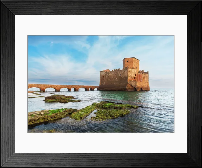 Framed Print : The old narrow bridge leading to the medieval castle of Torre Astura with roman ruins, Nettuno municipality, Rome province, Latium, Italy Framed Print : The old narrow bridge leading to the medieval castle of Torre Astura with roman ruins, Nettuno municipality, Rome province, Latium, Italy
