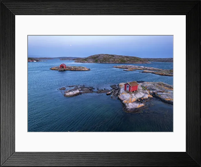 Framed Print : Traditional wooden huts on rocky islands off the Bohuslan coast, dusk time, Vastra Gotaland, West Sweden, Sweden Framed Print : Traditional wooden huts on rocky islands off the Bohuslan coast, dusk time, Vastra Gotaland, West Sweden, Sweden