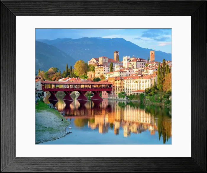 Framed Print : Bassano Del Grappa mirrored in river Brenta at sunset, Vicenza province, Veneto, Italy