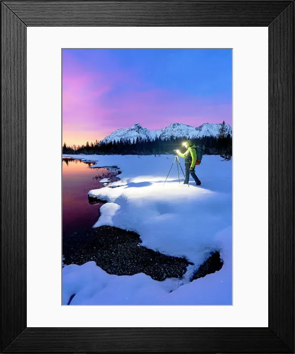 Framed Print : Man with tripod photographing lake Entova at dawn standing on the snowy shores, Valmalenco, Valtellina, Lombardy, Italy Framed Print : Man with tripod photographing lake Entova at dawn standing on the snowy shores, Valmalenco, Valtellina, Lombardy, Italy