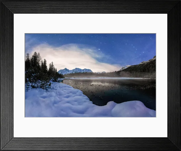 Framed Print : Stars over the frozen lake Entova and snowy forest at night, Valmalenco, Valtellina, Sondrio province, Lombardy, Italy