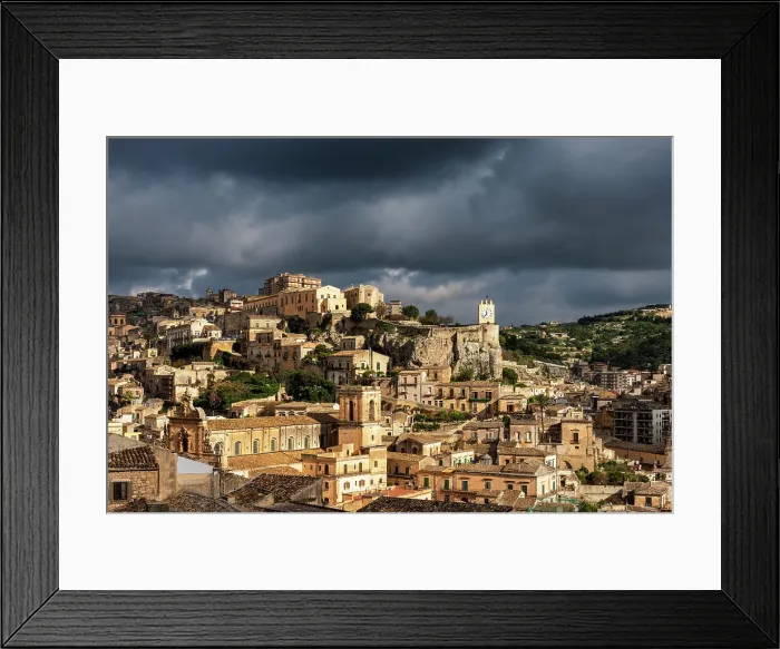 Framed Print : Clock tower from castle of Modica. Europe, Italy, Sicily, Modica, Ragusa district Framed Print : Clock tower from castle of Modica. Europe, Italy, Sicily, Modica, Ragusa district