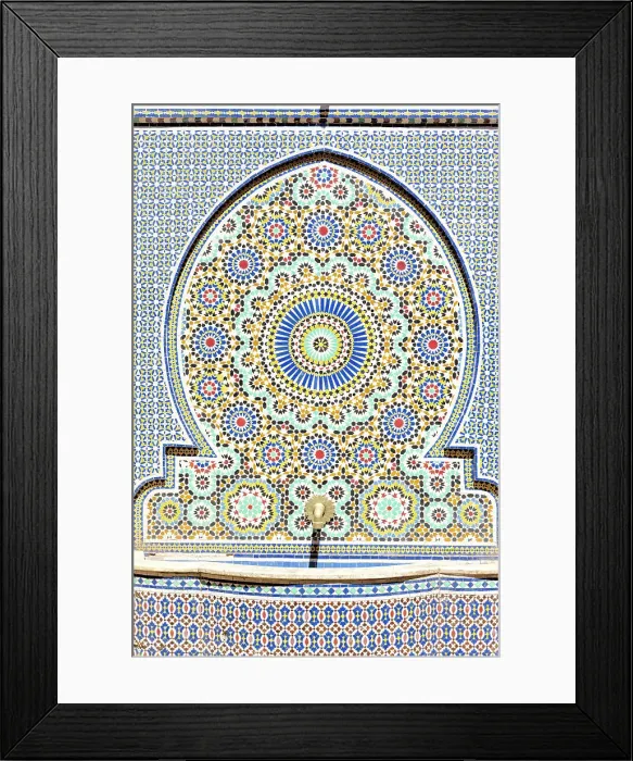 Framed Print : Old fountain fully decorated with ancient mosaic tiles in the historical Bahia Palace, Marrakech, Morocco Framed Print : Old fountain fully decorated with ancient mosaic tiles in the historical Bahia Palace, Marrakech, Morocco