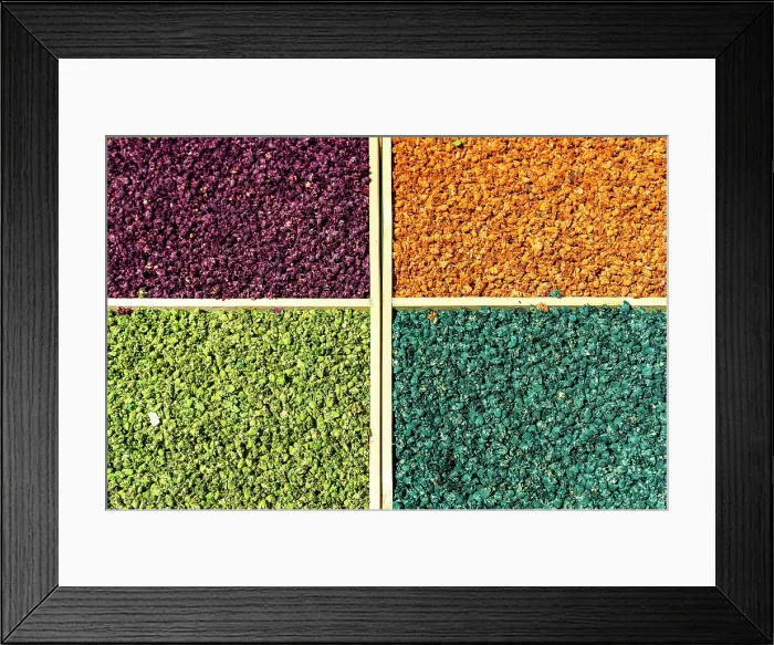 Framed Print : High angle view of colorful flowers in storage compartments drying in the souks of medina, Marrakech, Morocco Framed Print : High angle view of colorful flowers in storage compartments drying in the souks of medina, Marrakech, Morocco