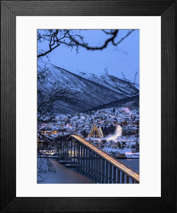 Framed Print : Lights of car trails on Bruvegen Bridge with the snowy Arctic Cathedral on background, Tromso, Norway Framed Print : Lights of car trails on Bruvegen Bridge with the snowy Arctic Cathedral on background, Tromso, Norway