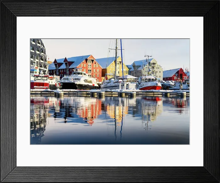 Framed Print : Boats moored in the harbor at dawn, Tromso, Norway Framed Print : Boats moored in the harbor at dawn, Tromso, Norway