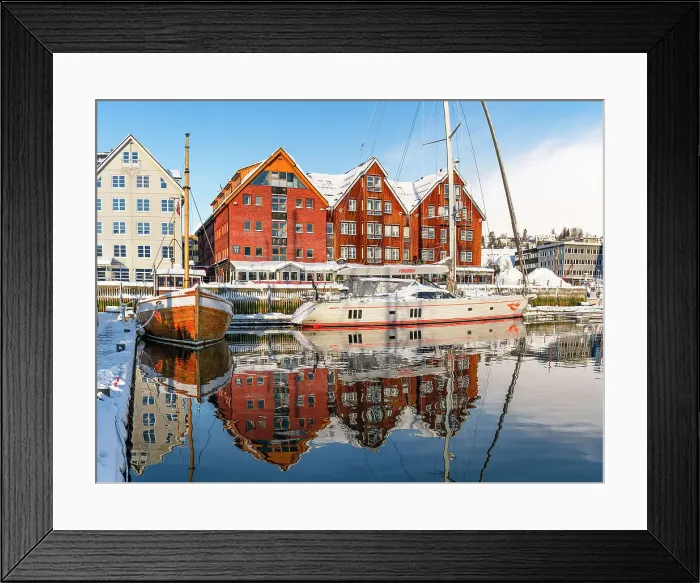 Framed Print : Panoramic of multicolored houses and harbor reflected in the sea at dawn, Tromso, Norway Framed Print : Panoramic of multicolored houses and harbor reflected in the sea at dawn, Tromso, Norway