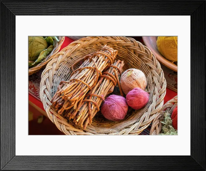 Framed Print : Balls of wool with twigs as natural dye, Chinchero, Sacred Valley, Urubamba Province, Cusco Region, Peru