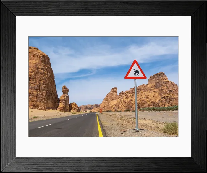 Framed Print : Road and sign, Al-Ula, Medina Province, Saudi Arabia Framed Print : Road and sign, Al-Ula, Medina Province, Saudi Arabia