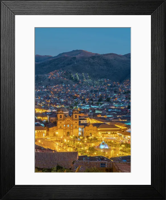 Framed Print : Elevated view of illuminated Church of the Society of Jesus and Plaza de Armas Square at twilight, UNESCO, Cusco, Cusco Province, Cusco Region, Peru Framed Print : Elevated view of illuminated Church of the Society of Jesus and Plaza de Armas Square at twilight, UNESCO, Cusco, Cusco Province, Cusco Region, Peru