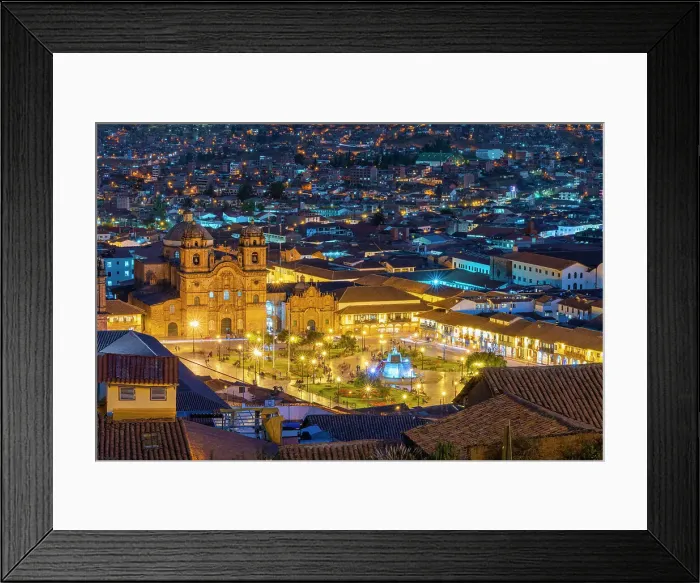 Framed Print : Elevated view of illuminated Church of the Society of Jesus and Plaza de Armas Square at twilight, UNESCO, Cusco, Cusco Province, Cusco Region, Peru Framed Print : Elevated view of illuminated Church of the Society of Jesus and Plaza de Armas Square at twilight, UNESCO, Cusco, Cusco Province, Cusco Region, Peru