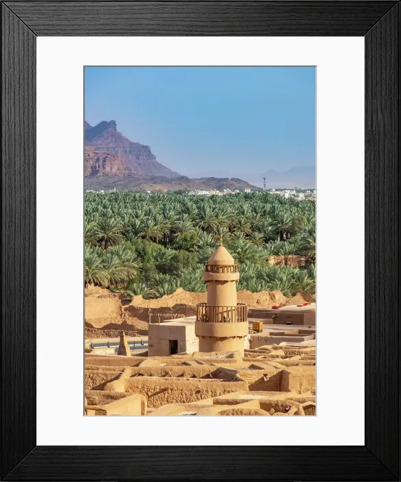 Framed Print : Old mosque minaret, Date palms and old town ruins in the Oasis of Al-Ula, Medina Province, Saudi Arabia Framed Print : Old mosque minaret, Date palms and old town ruins in the Oasis of Al-Ula, Medina Province, Saudi Arabia