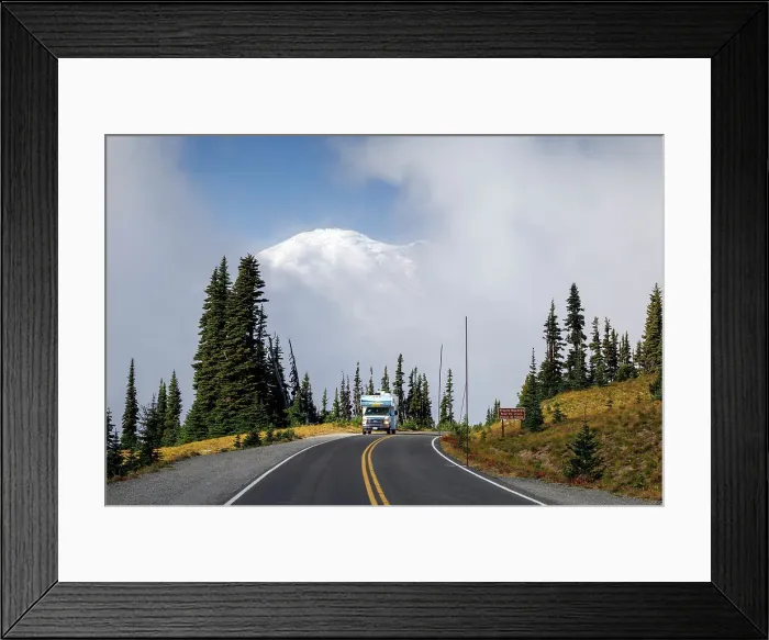 Framed Print : RV on road with Mount Rainier beyond, Sunrise, Mount Rainier National Park, Washington, USA Framed Print : RV on road with Mount Rainier beyond, Sunrise, Mount Rainier National Park, Washington, USA