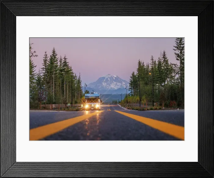 Framed Print : RV on a road to Rainier, Mount Rainier National Park, Washington, USA Framed Print : RV on a road to Rainier, Mount Rainier National Park, Washington, USA