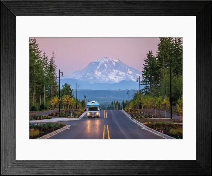 Framed Print : RV on a road to Rainier, Mount Rainier National Park, Washington, USA Framed Print : RV on a road to Rainier, Mount Rainier National Park, Washington, USA