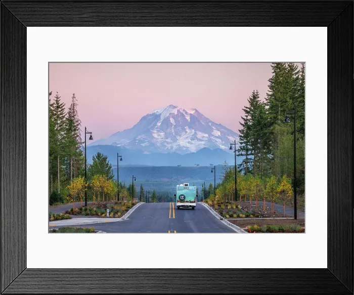 Framed Print : RV on a road to Rainier, Mount Rainier National Park, Washington, USA Framed Print : RV on a road to Rainier, Mount Rainier National Park, Washington, USA