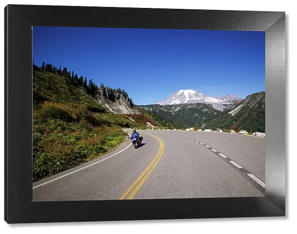 Motorbike on a road to Rainier, Mount Rainier National Park, Washington, USA