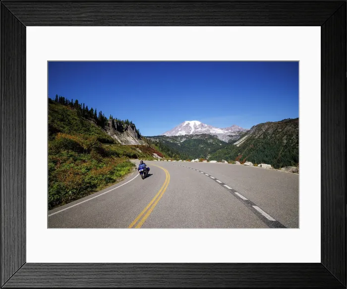 Framed Print : Motorbike on a road to Rainier, Mount Rainier National Park, Washington, USA Framed Print : Motorbike on a road to Rainier, Mount Rainier National Park, Washington, USA