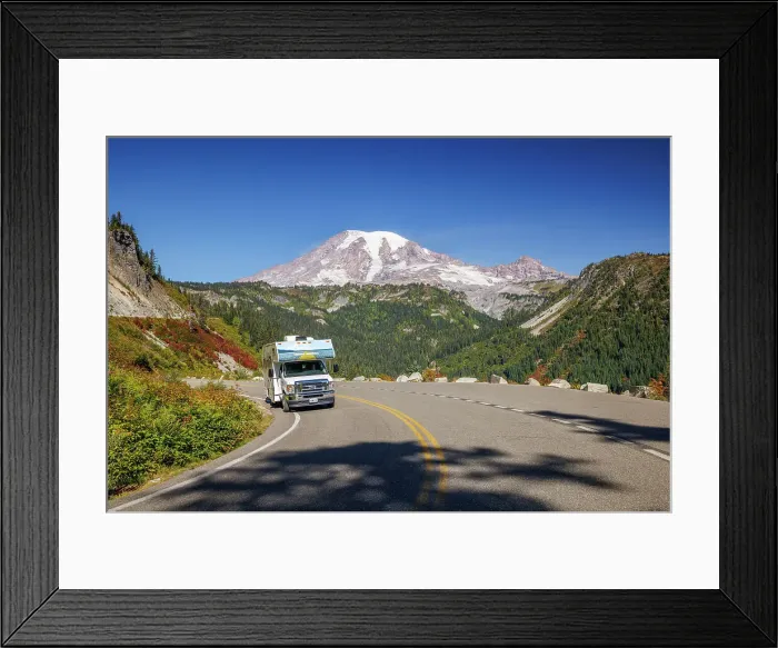 Framed Print : RV on a road to Rainier, Mount Rainier National Park, Washington, USA Framed Print : RV on a road to Rainier, Mount Rainier National Park, Washington, USA
