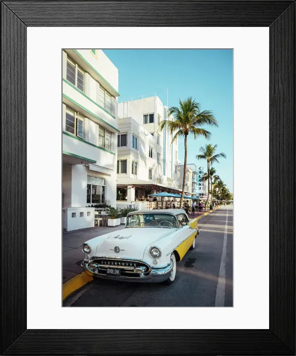 Framed Print : Oldsmobile Super 88 convertible parked in front of the Avalon Hotel, Ocean Drive, South Beach, Miami, Dade County, Florida, USA