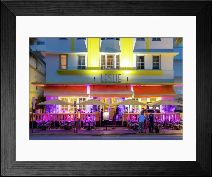 Framed Print : Leslie Hotel & Restaurant on Ocean Drive at dusk, Miami, United States of America Framed Print : Leslie Hotel & Restaurant on Ocean Drive at dusk, Miami, United States of America