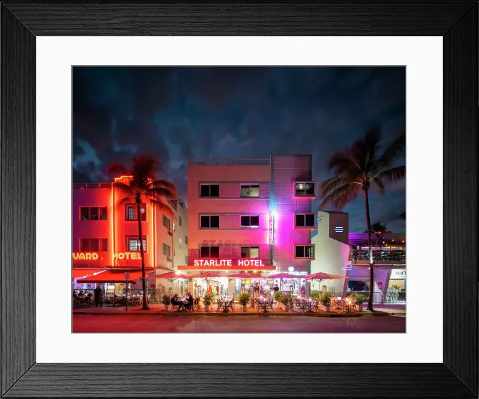 Framed Print : Art deco architecture of Ocean Drive at night, South Beach, Miami, Dade County, Florida, USA Framed Print : Art deco architecture of Ocean Drive at night, South Beach, Miami, Dade County, Florida, USA