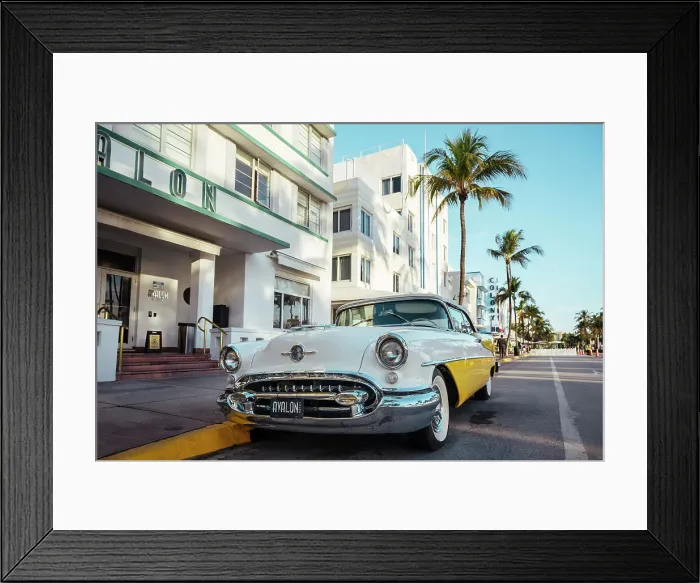 Framed Print : Oldsmobile Super 88 convertible parked in front of the Avalon Hotel, Ocean Drive, South Beach, Miami, Dade County, Florida, USA