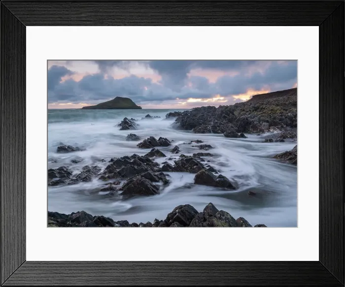 Framed Print : Rocky seashore near Worm's Head at sunset, Gower Peninsula, Wales. Autumn (November) 2021 Framed Print : Rocky seashore near Worm's Head at sunset, Gower Peninsula, Wales. Autumn (November) 2021