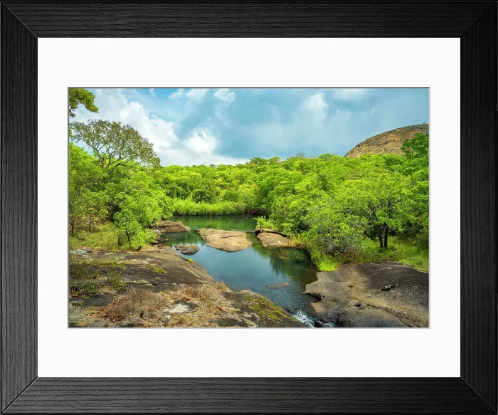 Framed Print : Africa, Zambia, Northern Zambia, Mutinondo Wilderness. The paradise pool surrounded by woodland