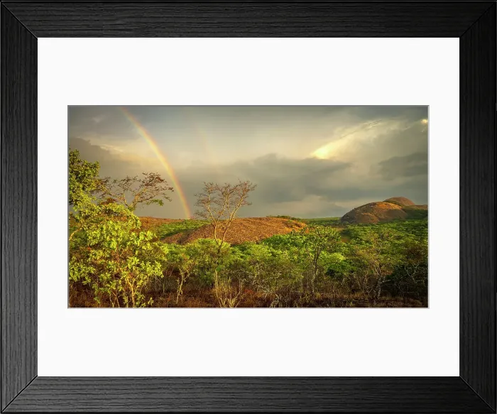 Framed Print : Africa, Zambia, Northern Zambia, Mutinondo Wilderness. On a hike in the rocky landscape at sunset with a rainbow Framed Print : Africa, Zambia, Northern Zambia, Mutinondo Wilderness. On a hike in the rocky landscape at sunset with a rainbow