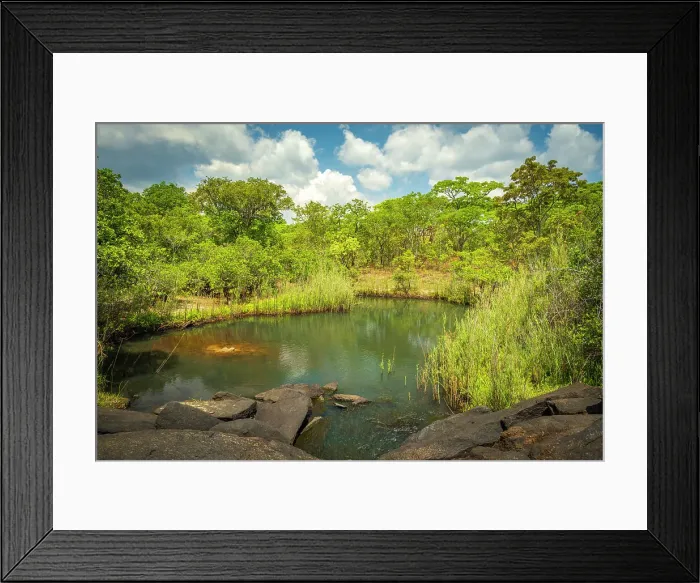 Framed Print : Africa, Zambia, Northern Zambia, Mutinondo Wilderness. A pool surrounded by woodland Framed Print : Africa, Zambia, Northern Zambia, Mutinondo Wilderness. A pool surrounded by woodland