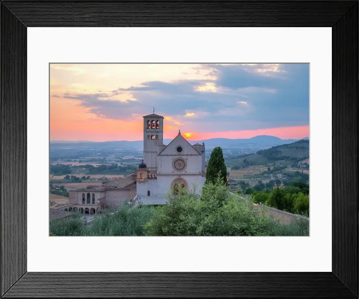 Framed Print : The facade of upper Basilica of Saint Francis of Assisi at sunset, Assisi, Perugia province, Umbria, Italy