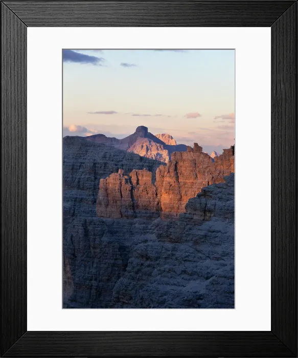 Framed Print : Ridges of dolomites illuminated at sunset, seen from Boè Refuge, Sella Group, Dolomites, Trentino - Alto Adige, Italy Framed Print : Ridges of dolomites illuminated at sunset, seen from Boè Refuge, Sella Group, Dolomites, Trentino - Alto Adige, Italy