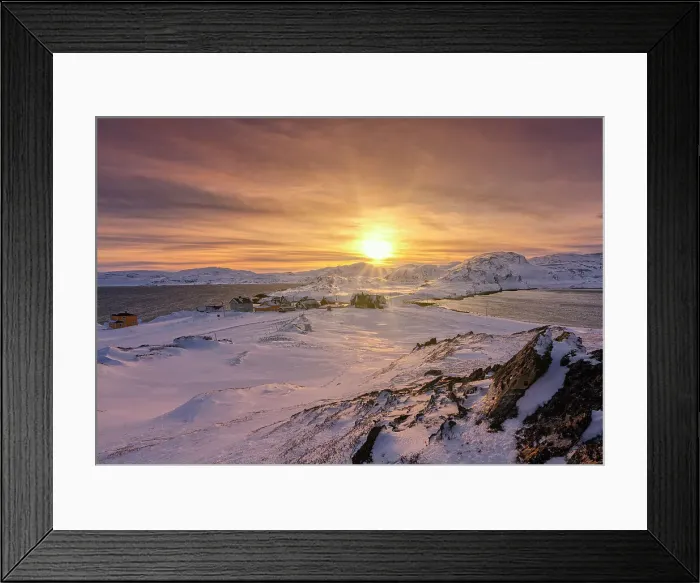 Framed Print : Veines village covered with snow lit by sunrise, Kongsfjord, Varanger Peninsula, Troms og Finnmark, Norway Framed Print : Veines village covered with snow lit by sunrise, Kongsfjord, Varanger Peninsula, Troms og Finnmark, Norway