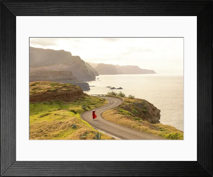 Framed Print : a girl enjoys the beautiful spring sunset, Miraoduro de Sao Lourenco, Madeira, Portugal (MR)
