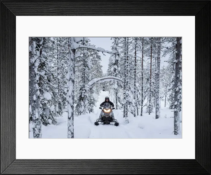 Framed Print : Snowmobiles on forest road, Kuusamo, Finland Framed Print : Snowmobiles on forest road, Kuusamo, Finland