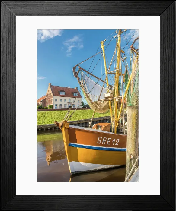 Framed Print : Shrimp boats in the harbor of Greetsiel at sunrise, East Frisia, Lower Saxony, Germany