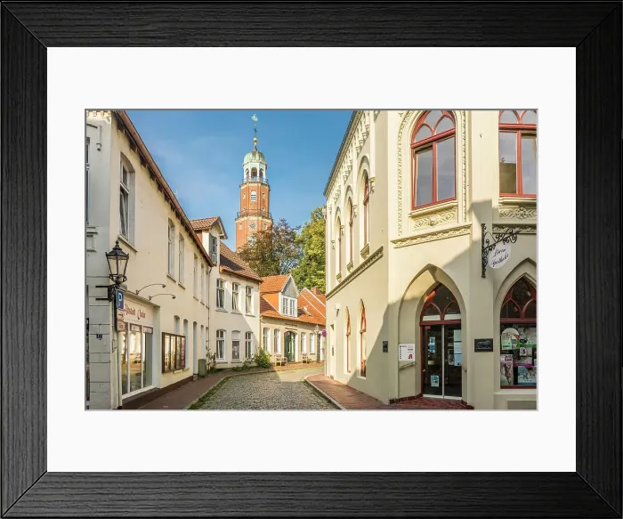 Framed Print : Old town alley with a view of the Great Church, Leer, East Frisia, Lower Saxony, Germany Framed Print : Old town alley with a view of the Great Church, Leer, East Frisia, Lower Saxony, Germany