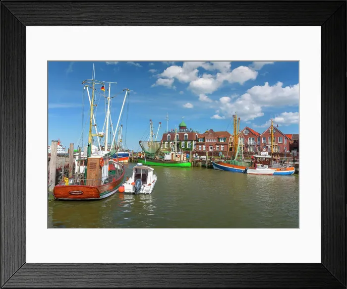 Framed Print : Fishing cutter port in Neuharlingersiel, East Friesland, Lower Saxony, Germany, Europe Framed Print : Fishing cutter port in Neuharlingersiel, East Friesland, Lower Saxony, Germany, Europe