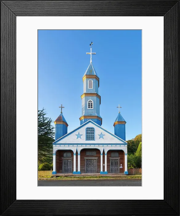 Framed Print : Facade of blue Iglesia Patrimonial Nuestra Senora del Patrocinio Church, Tenaun, Dalcahue, UNESCO, Chiloe Island, Chiloe Province, Los Lagos Region, Chile Framed Print : Facade of blue Iglesia Patrimonial Nuestra Senora del Patrocinio Church, Tenaun, Dalcahue, UNESCO, Chiloe Island, Chiloe Province, Los Lagos Region, Chile
