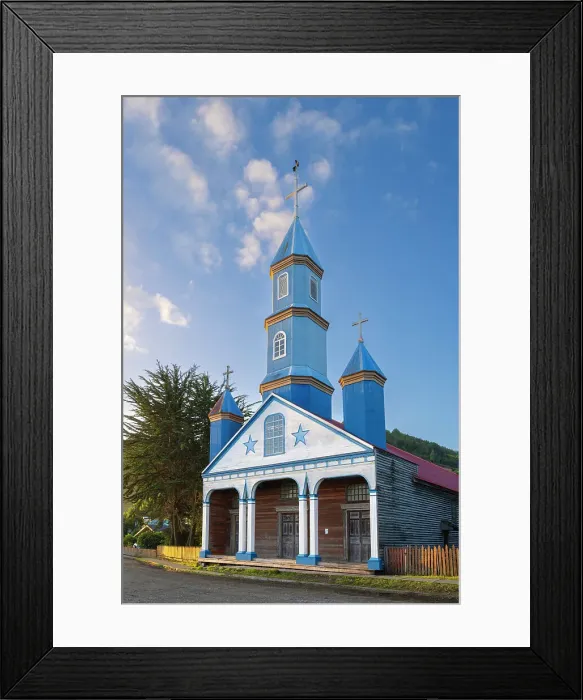 Framed Print : Facade of blue Iglesia Patrimonial Nuestra Senora del Patrocinio Church, Tenaun, Dalcahue, UNESCO, Chiloe Island, Chiloe Province, Los Lagos Region, Chile Framed Print : Facade of blue Iglesia Patrimonial Nuestra Senora del Patrocinio Church, Tenaun, Dalcahue, UNESCO, Chiloe Island, Chiloe Province, Los Lagos Region, Chile