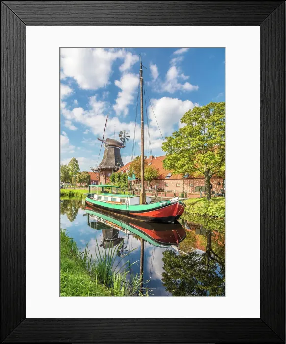 Framed Print : Windmill OstGrossefehn and peat ship on the Fehn Canal, Grossefehn, East Frisia, Lower Saxony, Germany Framed Print : Windmill OstGrossefehn and peat ship on the Fehn Canal, Grossefehn, East Frisia, Lower Saxony, Germany