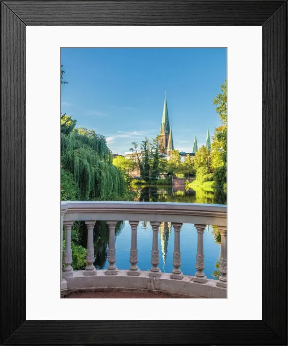 Framed Print : Castle pond in the castle garden with a view of St. Lamberti Church, Oldenburg, Oldenburger Land, Lower Saxony, Germany Framed Print : Castle pond in the castle garden with a view of St. Lamberti Church, Oldenburg, Oldenburger Land, Lower Saxony, Germany