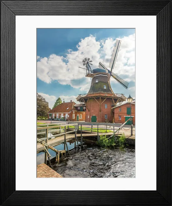 Framed Print : Windmill WestGrossefehn on the Fehn Canal, Grossefehn, East Frisia, Lower Saxony, Germany