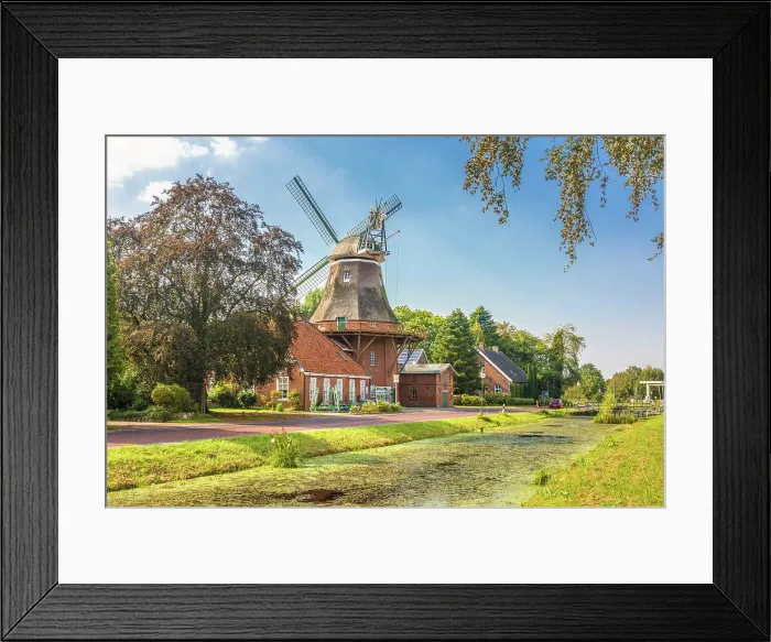 Framed Print : Windmill WestGrossefehn on the Fehn Canal, Grossefehn, East Frisia, Lower Saxony, Germany