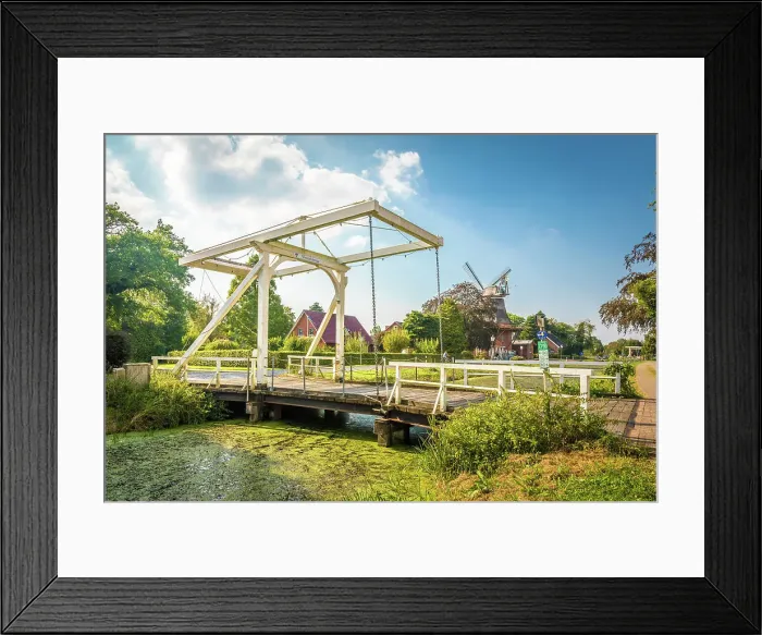 Framed Print : Frerichsbruegg bascule bridge in WestGrossefehn over the Fehn Canal, Grossefehn, East Frisia, Lower Saxony, Germany Framed Print : Frerichsbruegg bascule bridge in WestGrossefehn over the Fehn Canal, Grossefehn, East Frisia, Lower Saxony, Germany