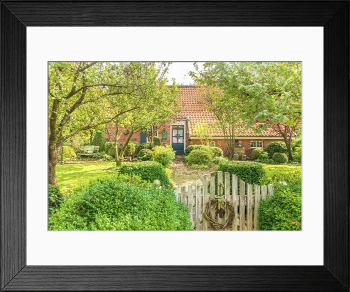 Framed Print : Idyllic country house in Fehnland, Grossefehn, East Frisia, Lower Saxony, Germany Framed Print : Idyllic country house in Fehnland, Grossefehn, East Frisia, Lower Saxony, Germany