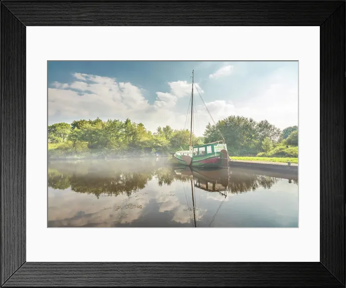 Framed Print : Typical canal boat on the Fehntjer Tief canal, Grossefehn, East Frisia, Lower Saxony, Germany